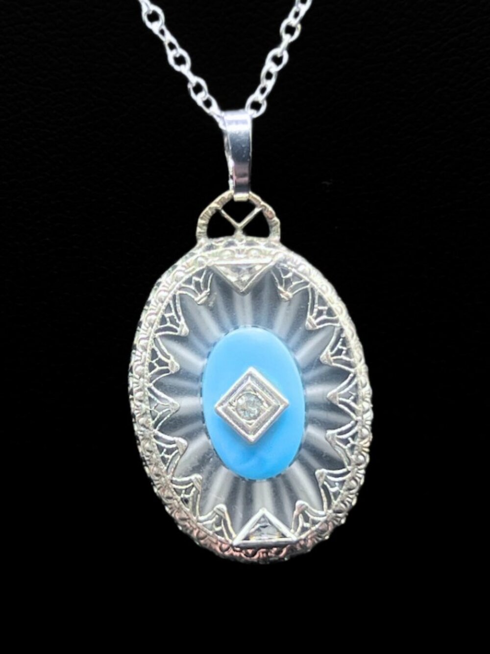 Antique Art Deco Camphor Glass and Enamel Rhinestone Pendant Necklace on Silver